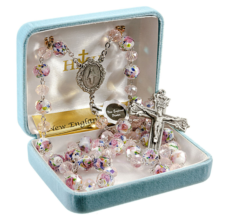 White and Pink Glass Flower Bead Rosary