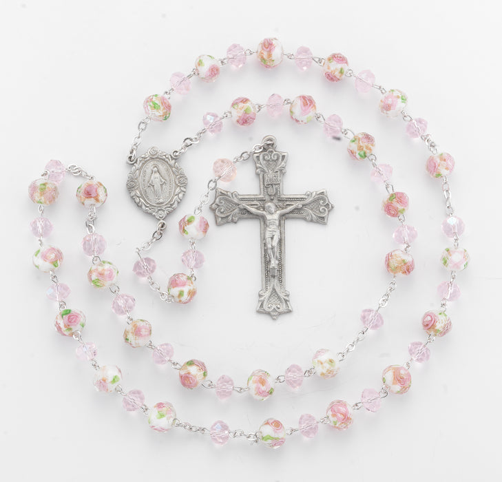 White and Pink Glass Flower Bead Rosary