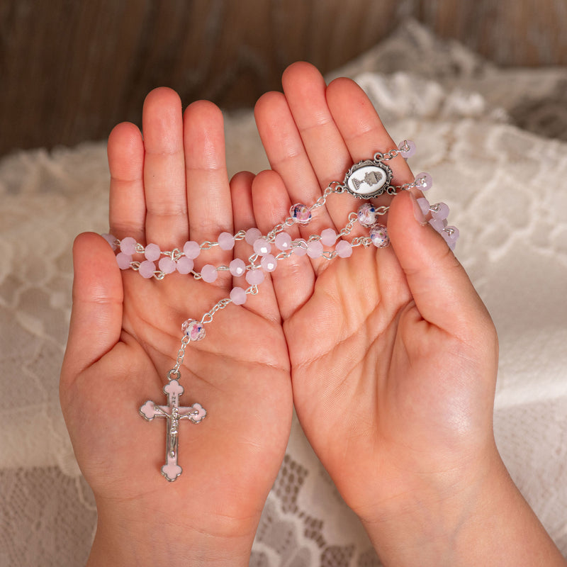 Pink First Communion Rosary with Chalice Center