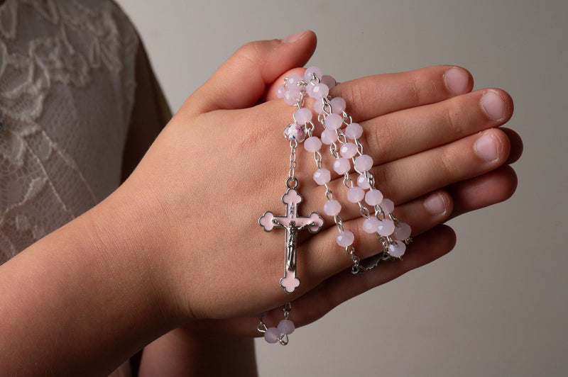 Pink First Communion Rosary with Chalice Center