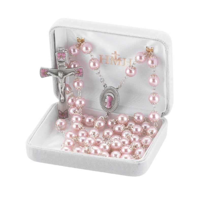 8mm Pink Glass Capped Bead Rosary with Pewter Crucifix