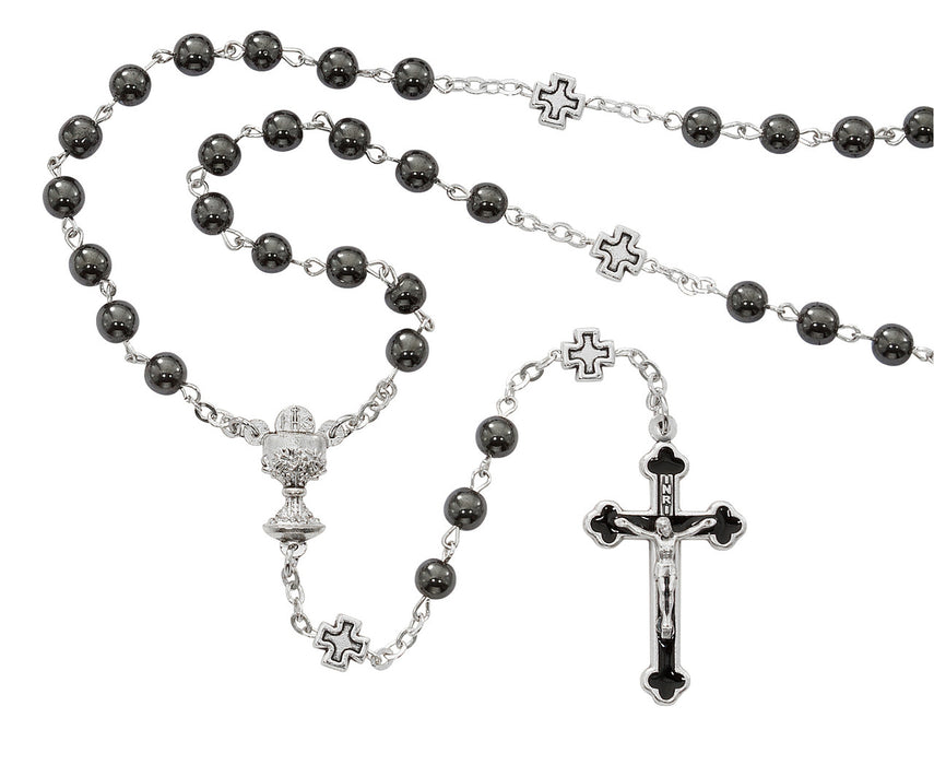 First Communion Rosary with Hematite Beads