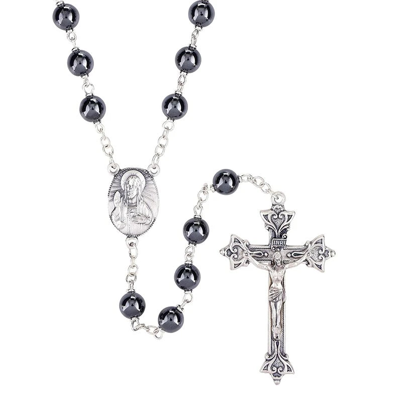Italian Handcrafted  Sacred Heart Hematite Rosary