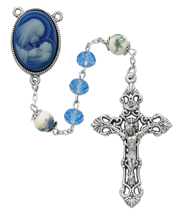 Blue Crystal Mother and Child Cameo Rosary