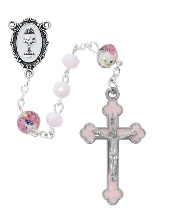 Pink First Communion Rosary with Chalice Center