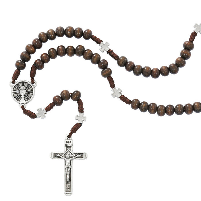 First Communion Brown Wood Bead Corded Rosary