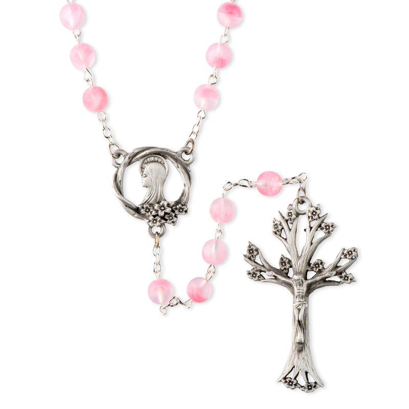 7mm Pink Glass Dogwood Rosary