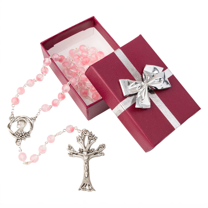 7mm Pink Glass Dogwood Rosary