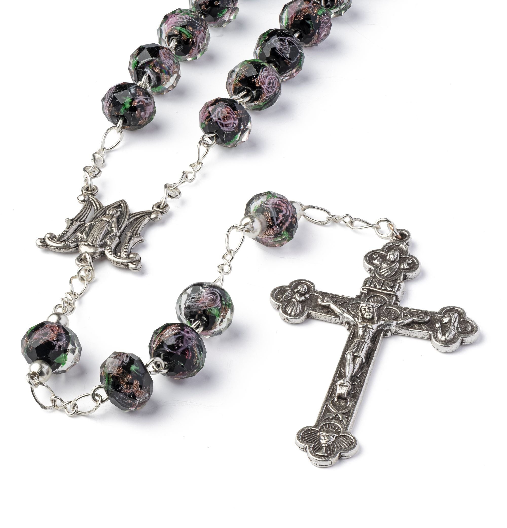 Rosary with purple beads and silver cross on a white background