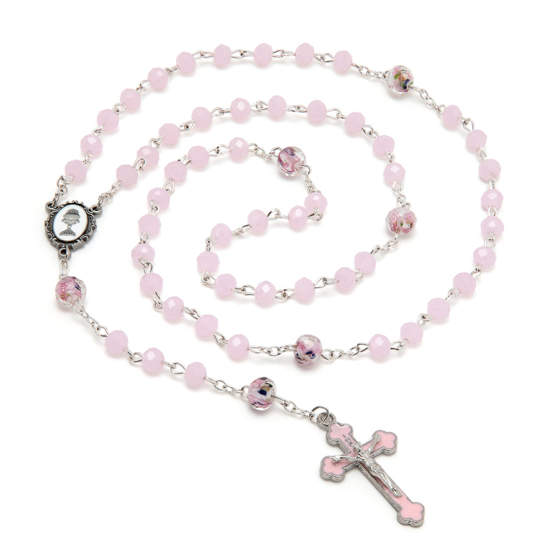 Pink First Communion Rosary with Chalice Center