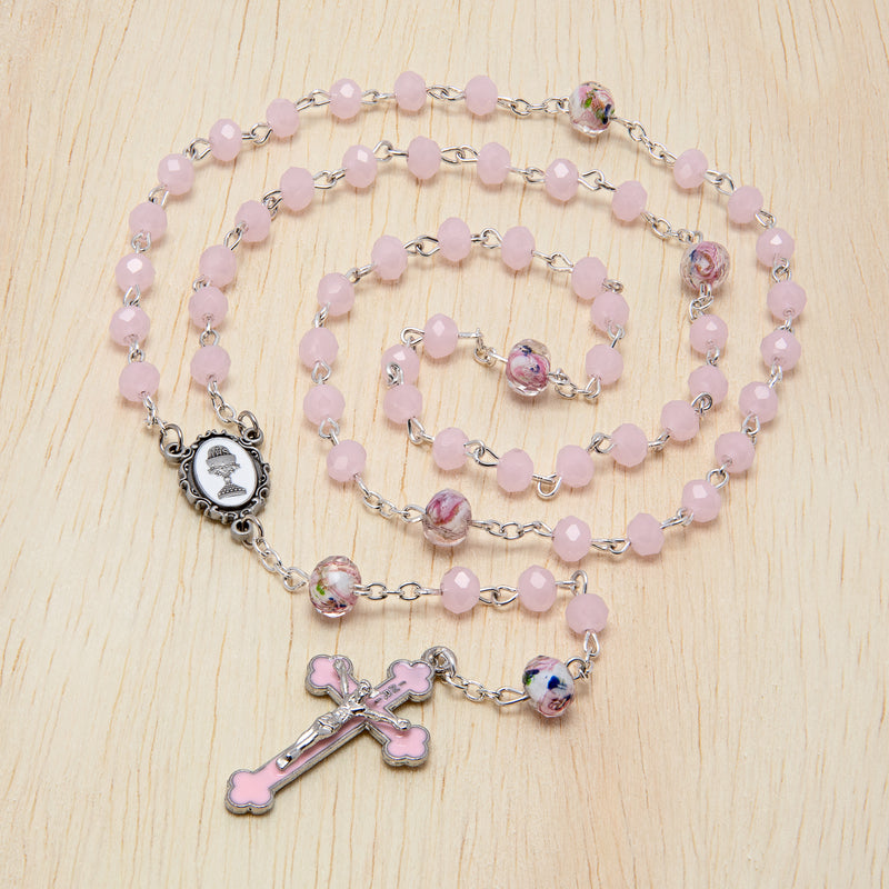 Pink First Communion Rosary with Chalice Center