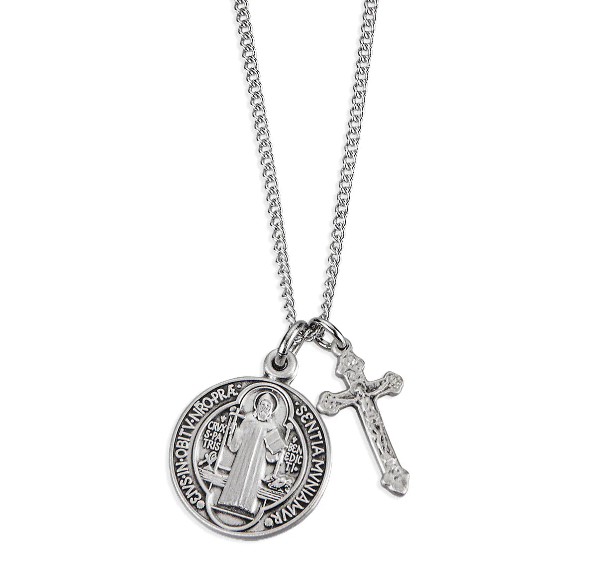 Sterling Silver St. Benedict Medal with Small Cross Necklace