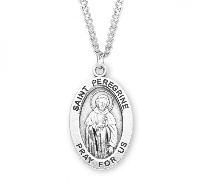 Patron Saint Peregrine Oval Sterling Silver Medal with 24 inch Chain