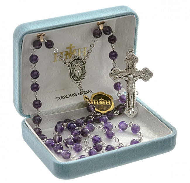 Sterling Silver Round Genuine Amethyst Rosary