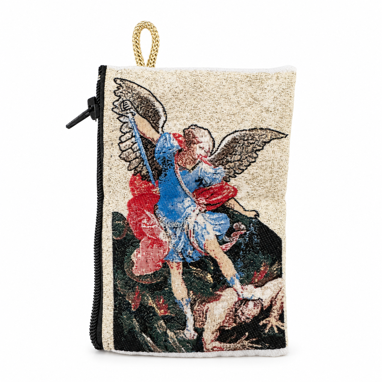 St. Michael the Archangel woven rosary case with zipper on a clean white background.