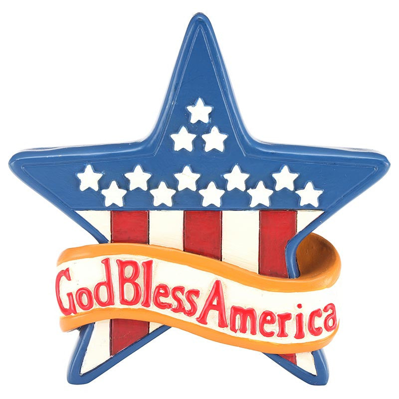 Decorative star with American flag design and 'God Bless America' text on a white background