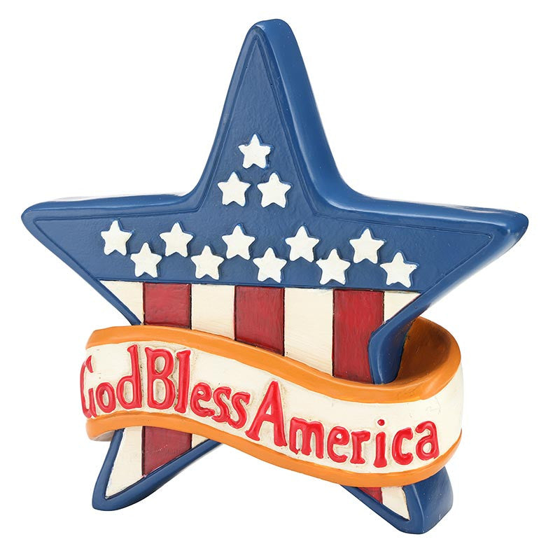 Star-shaped decorative item with American flag design and 'God Bless America' text on a white background
