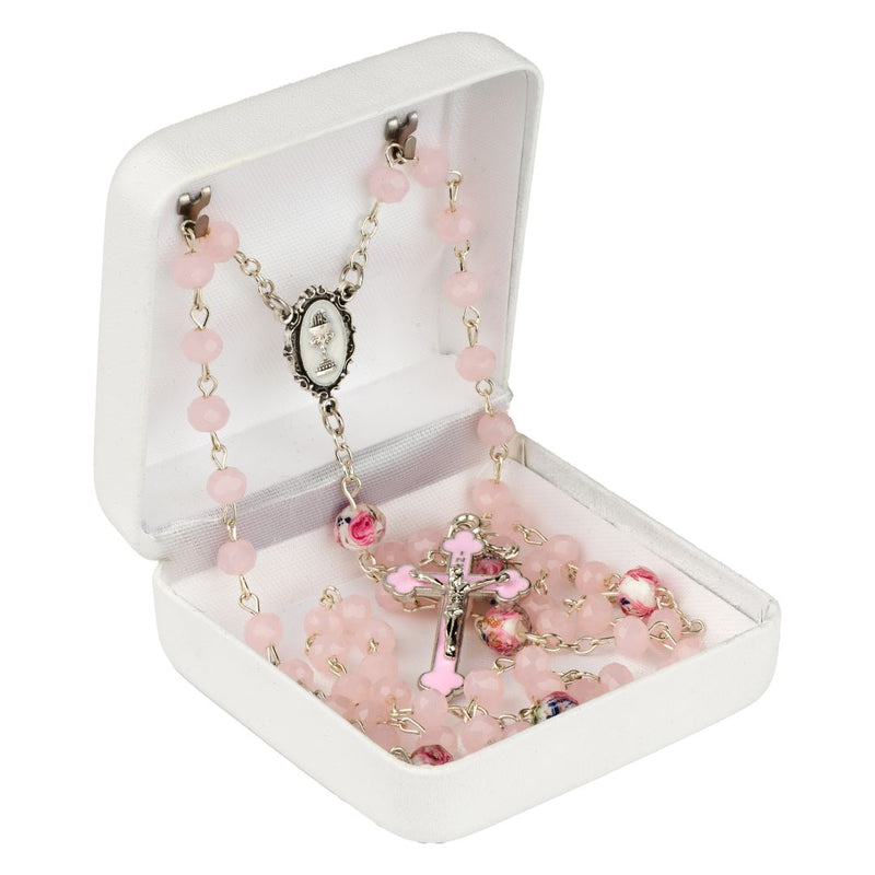 Pink First Communion Rosary with Chalice Center