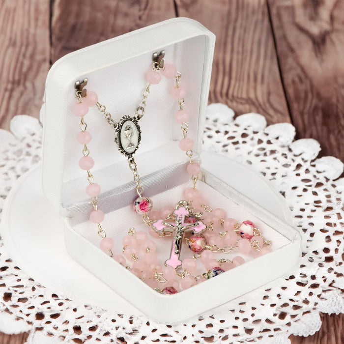 Pink First Communion Rosary with Chalice Center