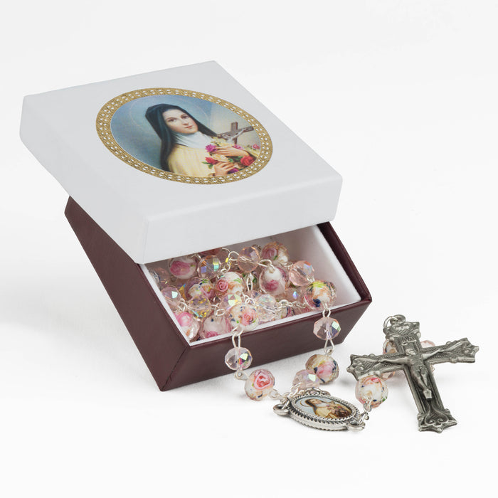Saint Therese Floral Glass Bead Rosary – Handcrafted in Italy