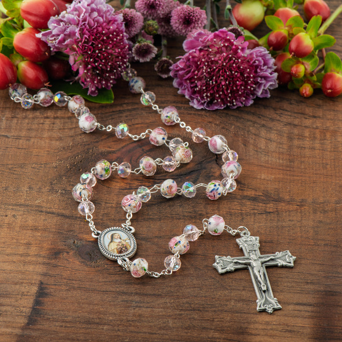 Saint Therese Floral Glass Bead Rosary – Handcrafted in Italy