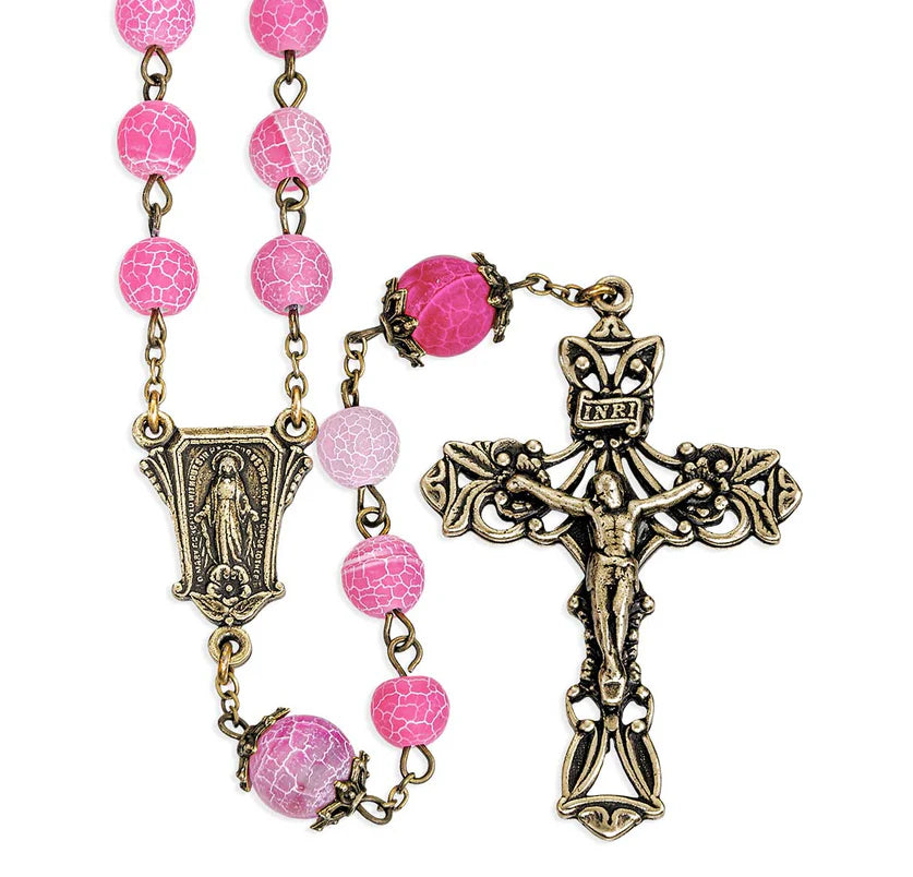 8mm Pink Crackled Glass Bead Rosary showing Miraculous Medal centerpiece and antique bronze crucifix detail