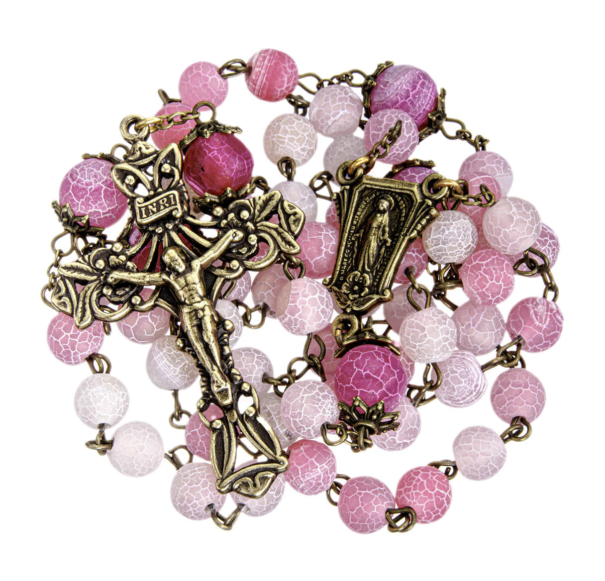 8mm Pink Crackled Glass Bead Rosary laid flat showing full rosary with antique bronze links