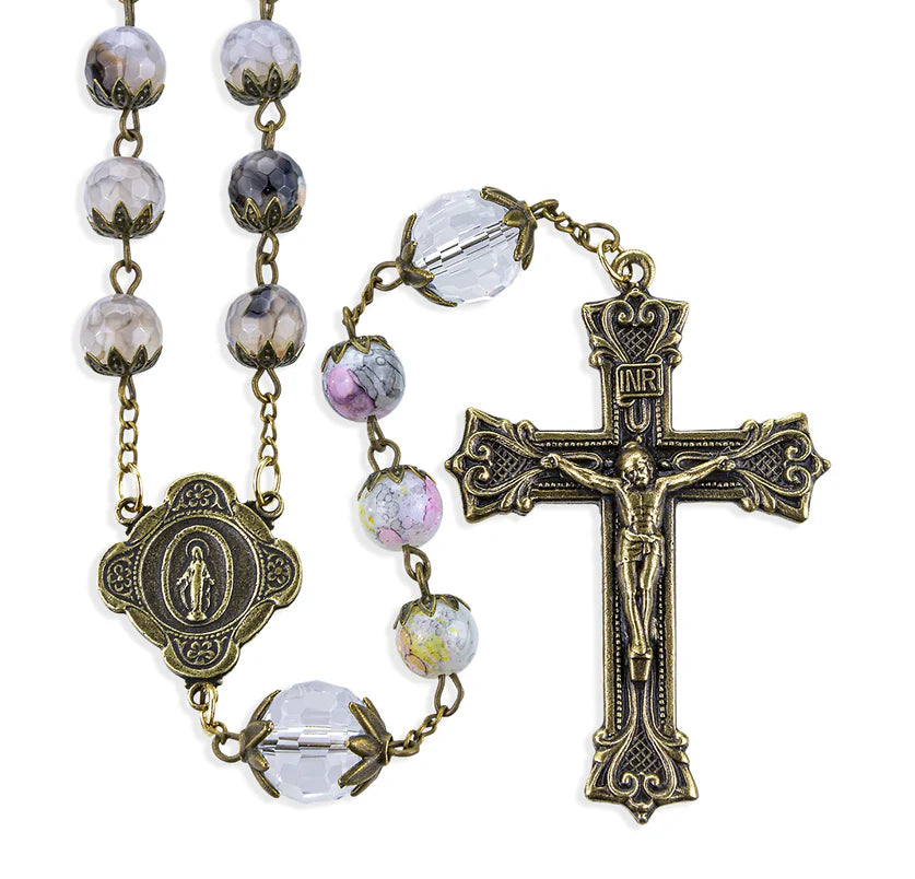 Vintage Agate and Crystal Rosary with antique bronze crucifix and Miraculous Medal centerpiece showing full rosary detail