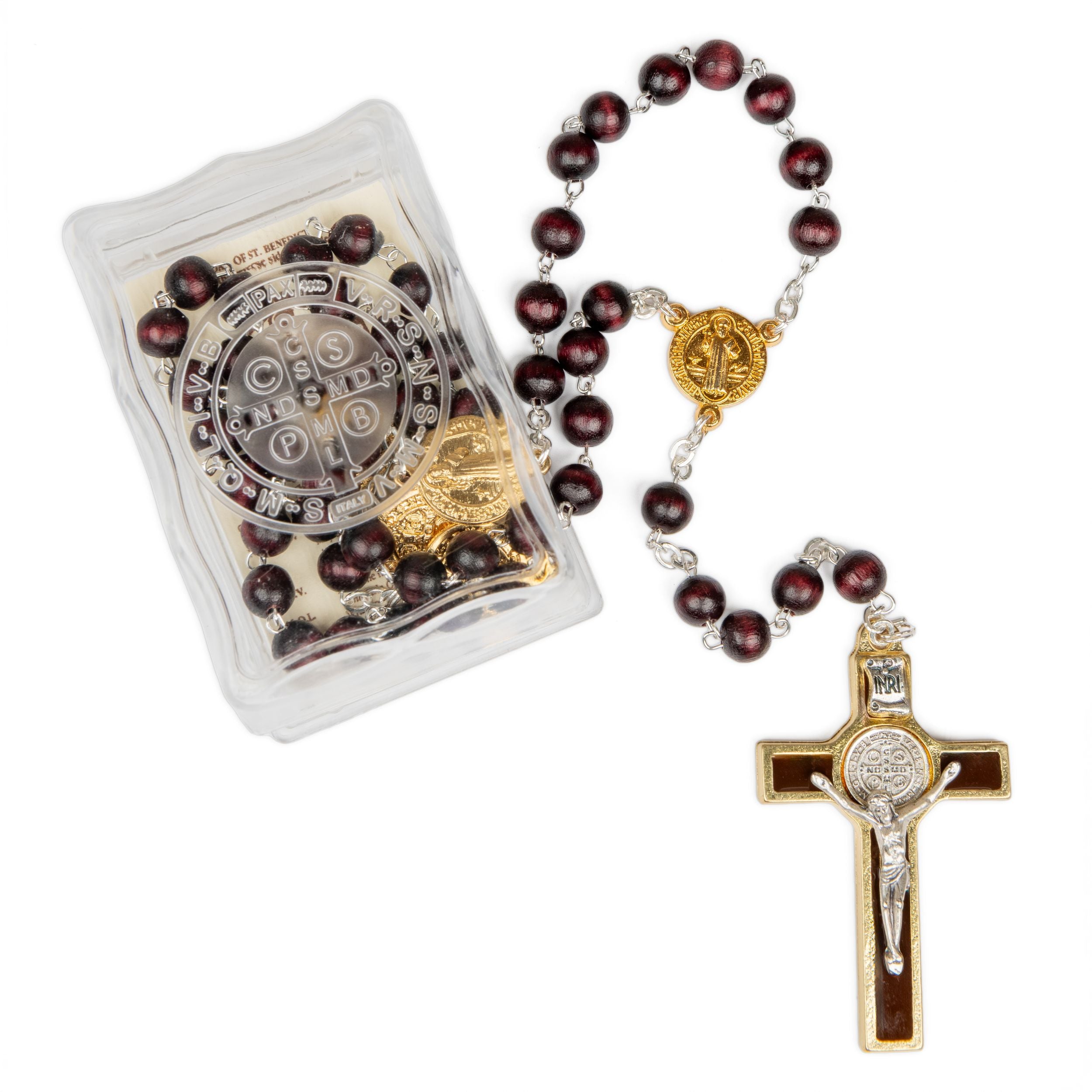 St. Benedict Wood Rosary — Gold-Tone| Made in Italy