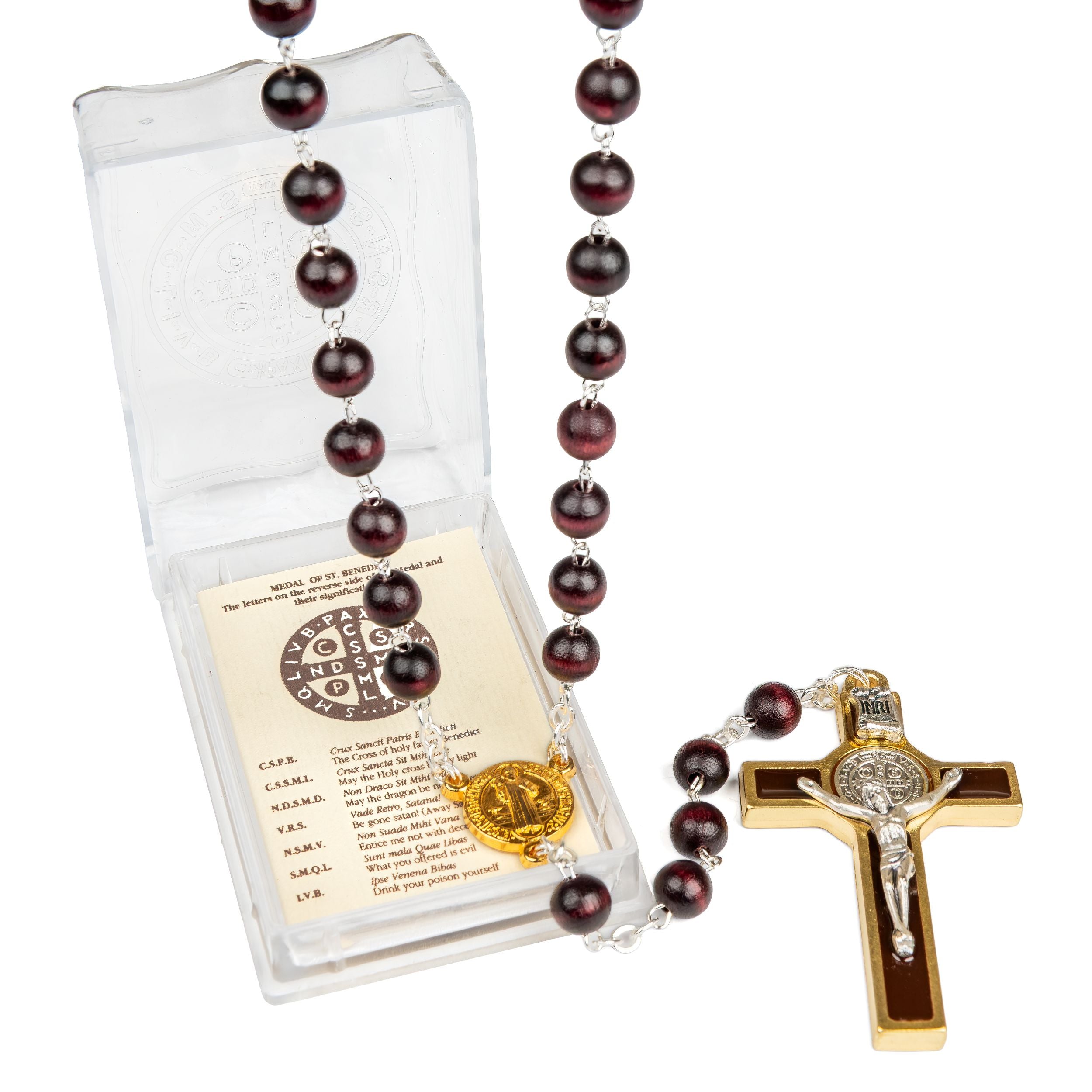 A Catholic rosary with dark red/burgundy wooden beads, silver metal links, a gold-tone Medallion, and a gold-tone crucifix, displayed next to its clear plastic storage case containing a devotional card.