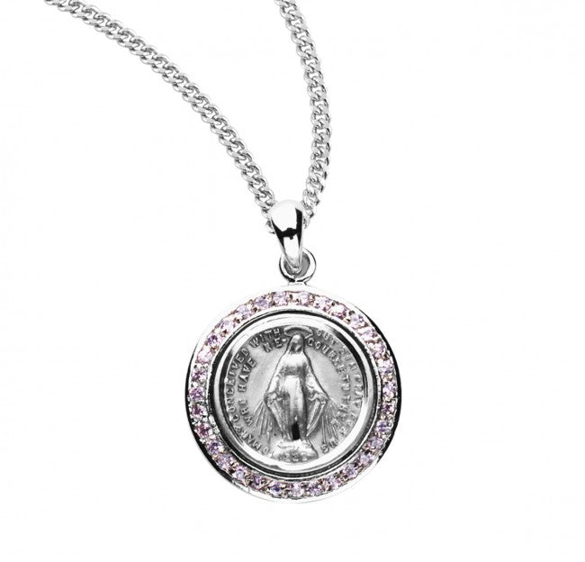 Sterling Silver Round Pink Cubic Zirconia Miraculous Medal