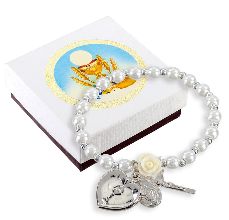 White Pearl First Communion Bracelet with Chalice-Cross and Miraculous Medal