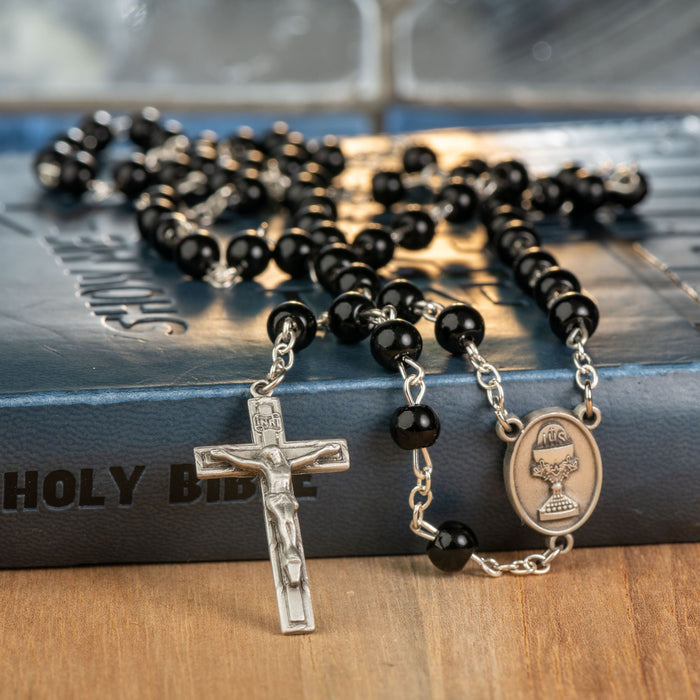 First Communion Black Chalice Rosary