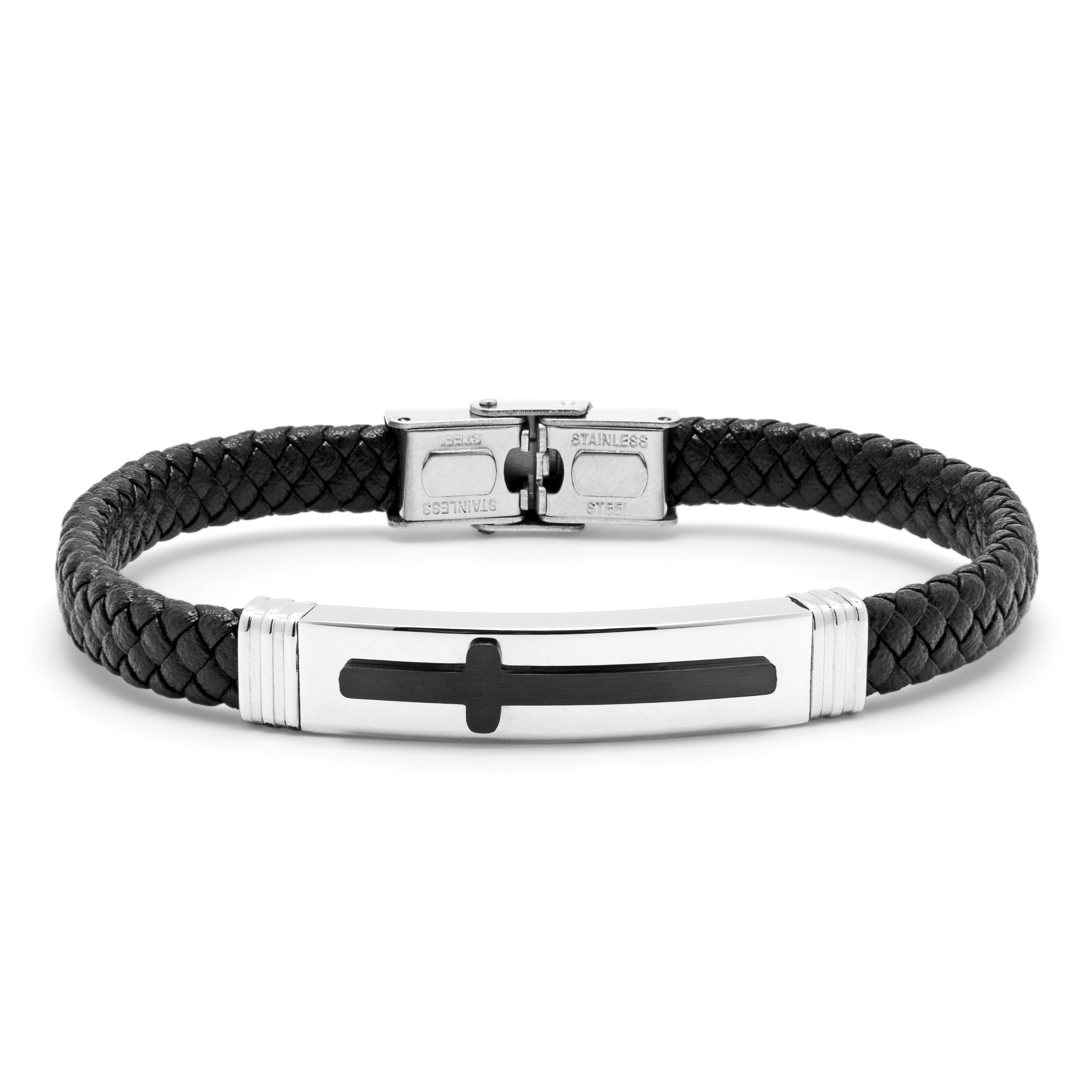 Men's Black Braided Leather Cross Bracelet — Stainless Steel
