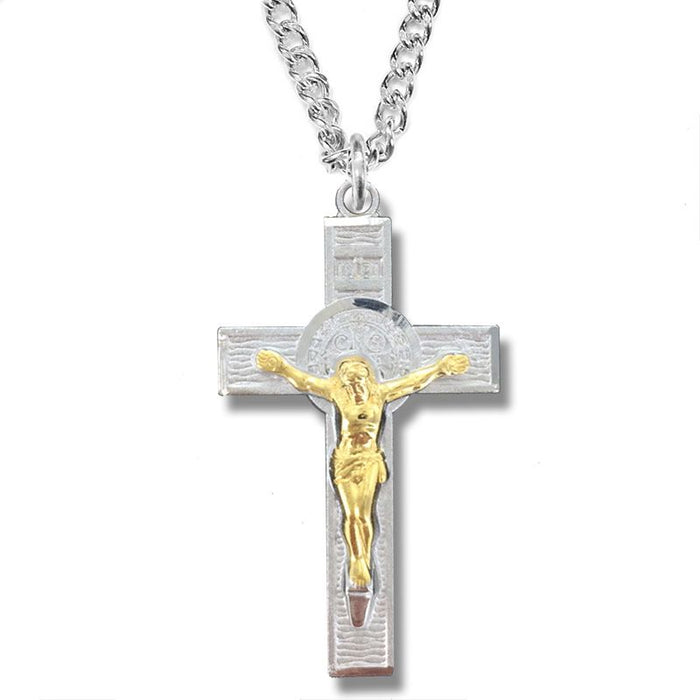 1-1/4 Inch Sterling Silver Two-Tone St. Benedict Crucifix Necklace