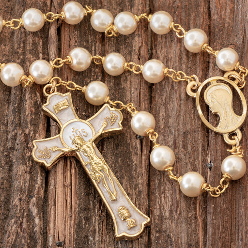 Gold and Pearl Rosary with Holy Mass Crucifix Rosary McVan 