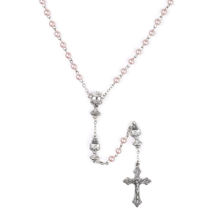 Pink Glass Bead Communion Rosary with Chalice Center
