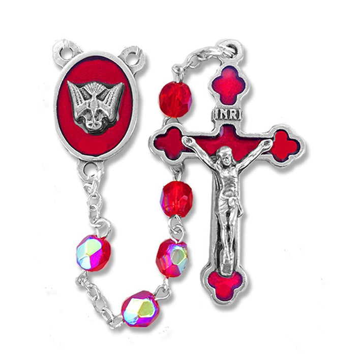 Red Glass Beads Confirmation Rosary with Crucifix and Dove Center