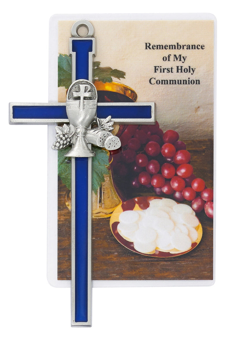 5" Blue Epoxy Communion Cross with Holy Card Boxed Rosary McVan 