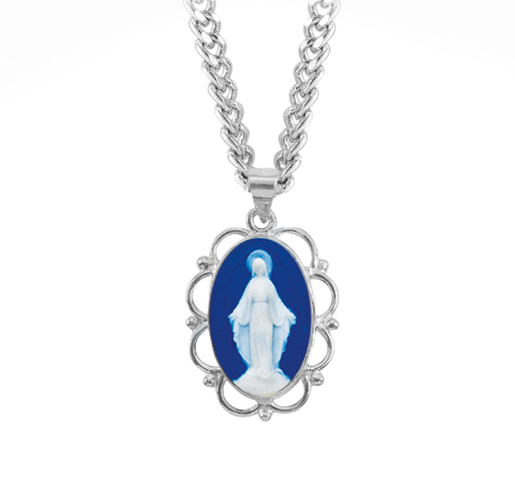Dark Blue Sterling Silver Cameo Miraculous Medal HMH 
