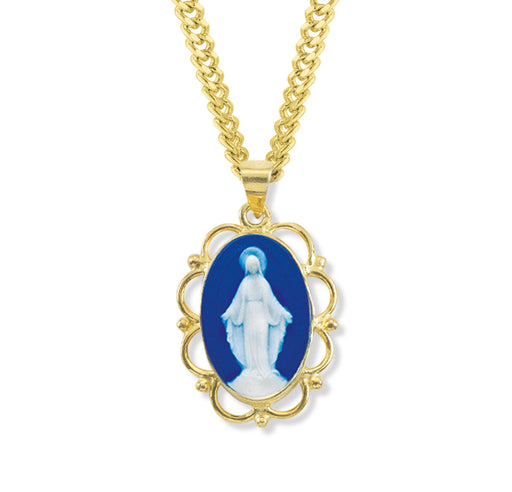 Dark Blue Gold Over Sterling Silver Cameo Miraculous Medal HMH 