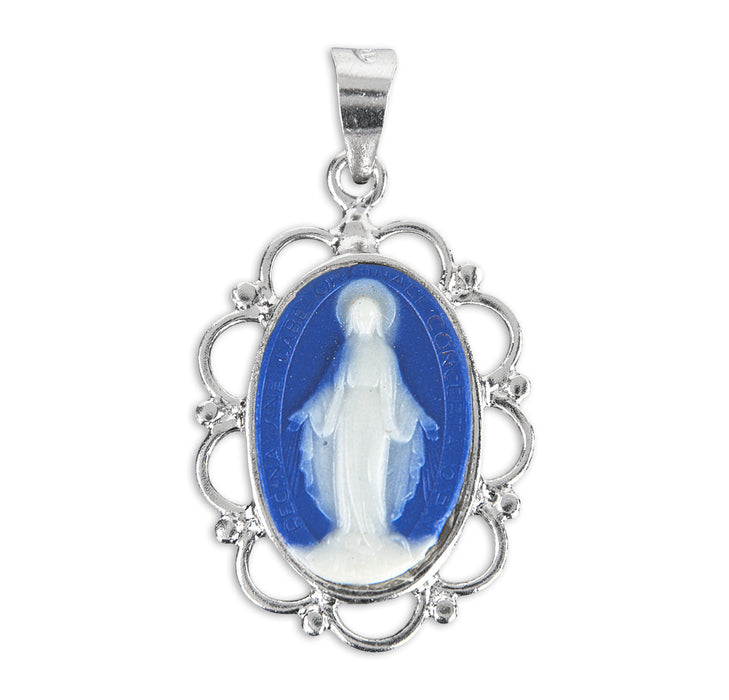 Dark Blue Sterling Silver Cameo Miraculous Medal HMH 