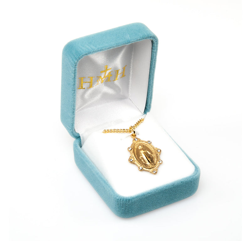 Gold Over Sterling Silver Miraculous Medal Set with Clear Crystals HMH 