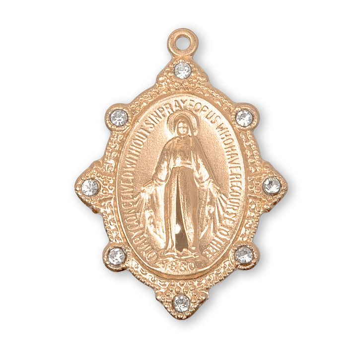 Gold Over Sterling Silver Miraculous Medal Set with Clear Crystals HMH 