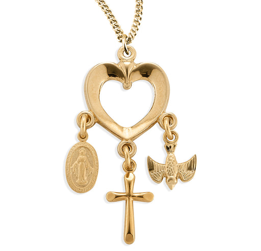 Gold Over Sterling Silver Open Heart with Miraculous Medal, Cross and Holy Spirit Pendants HMH 