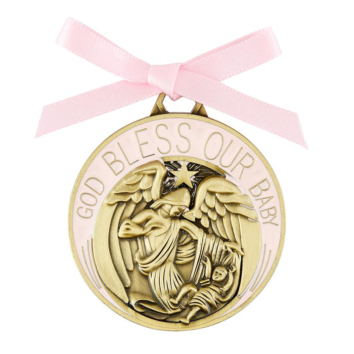 Guardian Angel Pink Baby Girl Crib Medal | Baptism