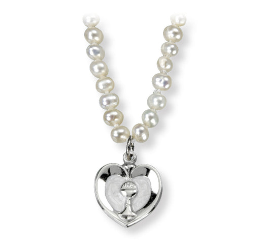 Freshwater Pearl First Communion Necklace with a Two Tone Heart Chalice Pendant HMH 