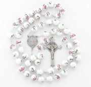 10mm White and Pink Glass Flower Bead Rosary Rosary HMH 