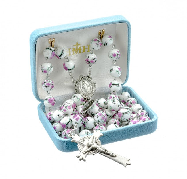 10mm White and Pink Glass Flower Bead Rosary Rosary HMH 