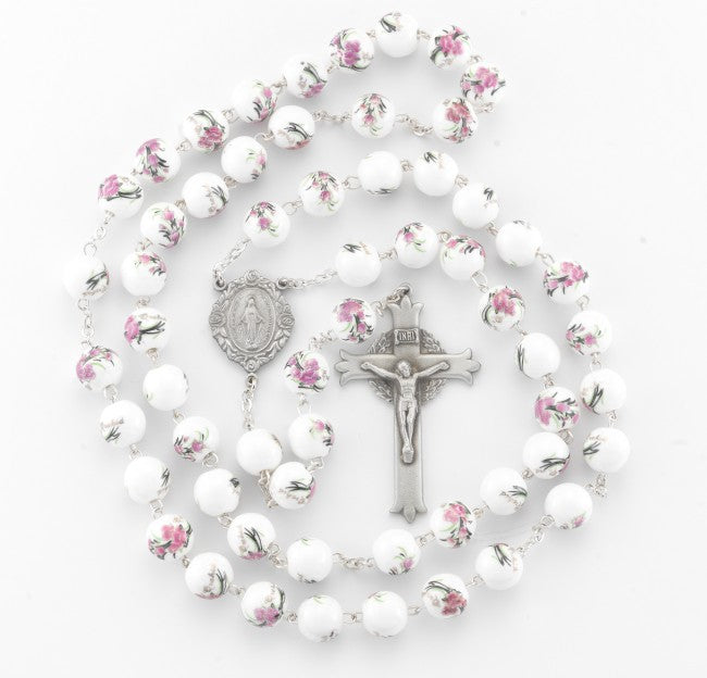 10mm White and Pink Glass Flower Bead Rosary Rosary HMH 